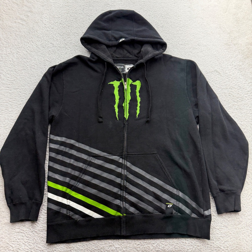 Y2K One Industries Monster Energy Zip Up Hoodie Mens L Black Green Striped L